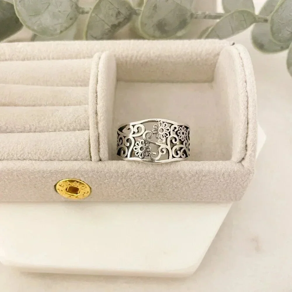 925 Sterling Silver Flower Ring Flower Cutout Ring Vintage Floral Ring Resizable